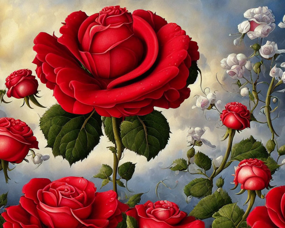 Vivid painting of red roses and white buds on cloudy sky backdrop