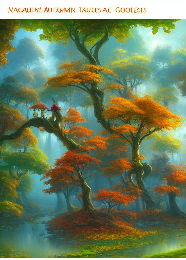 Vibrant orange autumn forest with twisted tree trunks and person in red cloak above pond