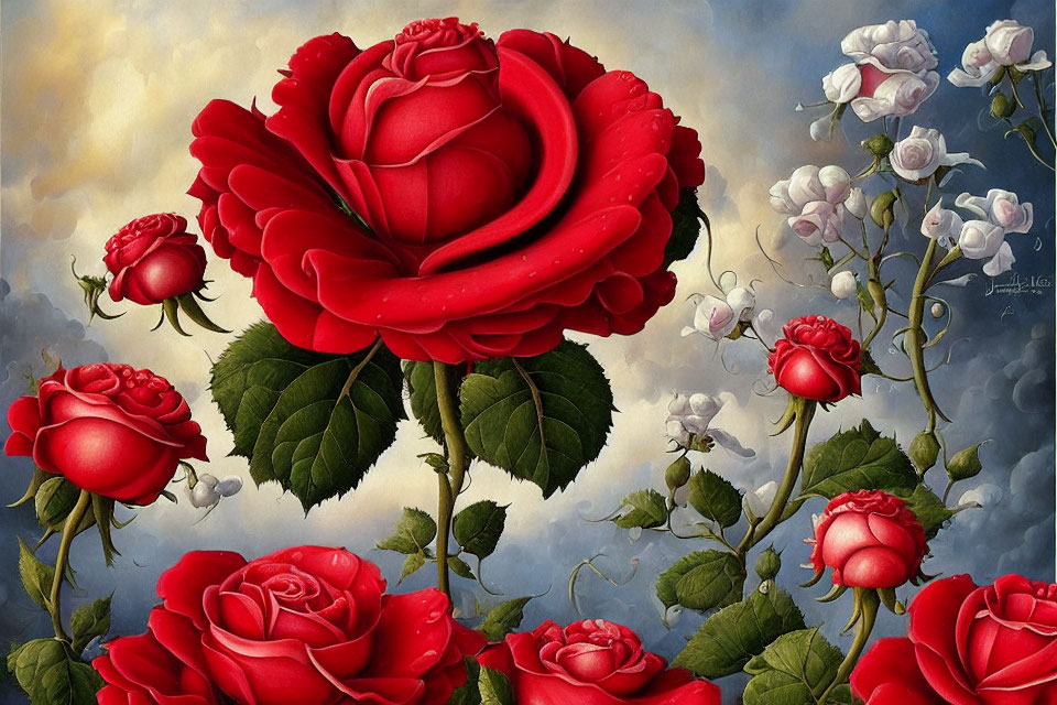 Vivid painting of red roses and white buds on cloudy sky backdrop