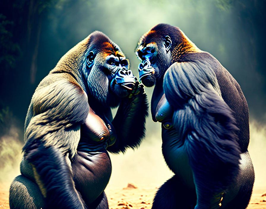 Two gorillas in intense face-off in misty forest scene