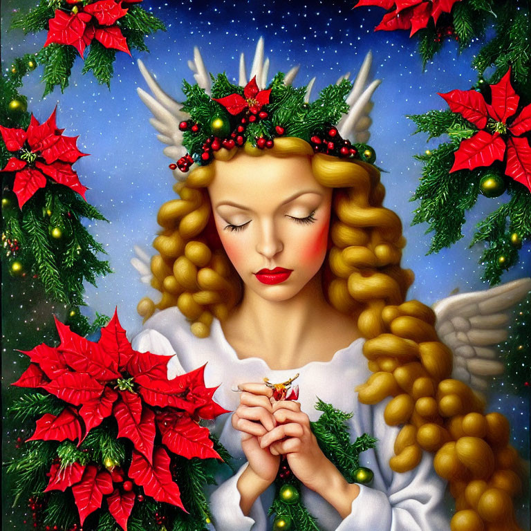 Golden-haired angelic figure with antlers and poinsettias holding a bird in festive setting