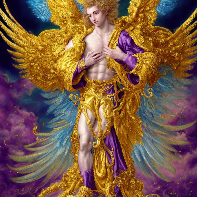 Detailed Angel Illustration with Multiple Golden Wings in Purple and Gold Attire