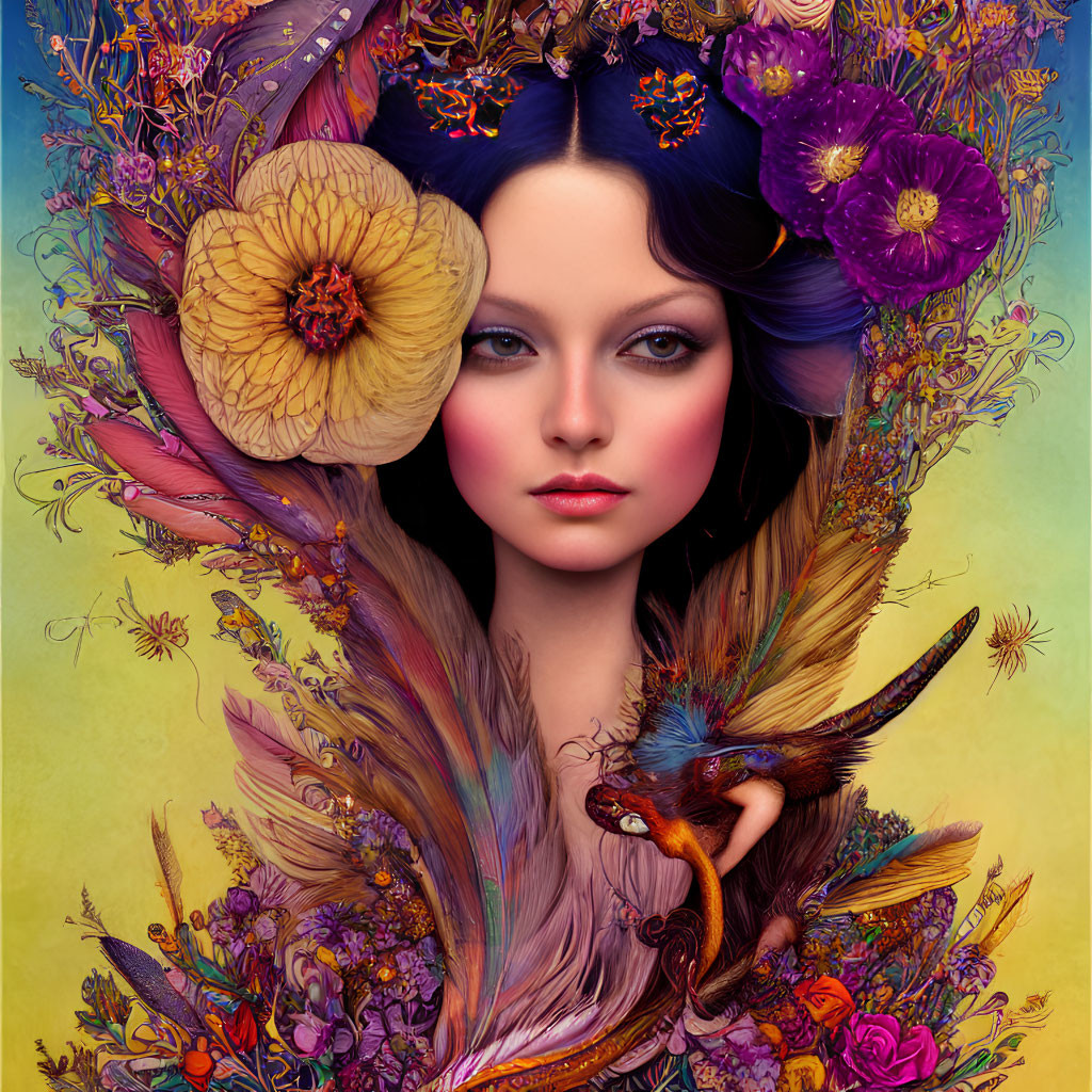 Colorful floral and bird-themed digital portrait of a woman's face