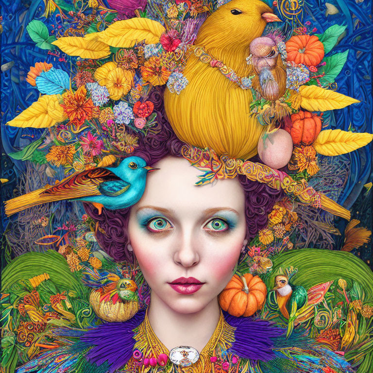 Colorful portrait of woman with flora and fauna, birds, and intricate patterns.