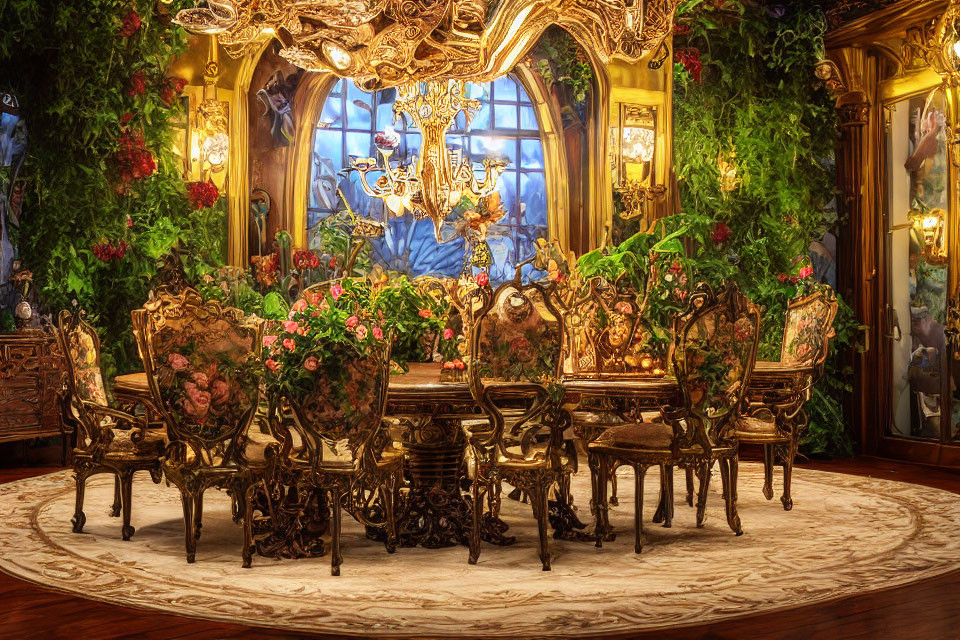 Opulent dining room with baroque furniture, gold details, red flowers, and chandelier