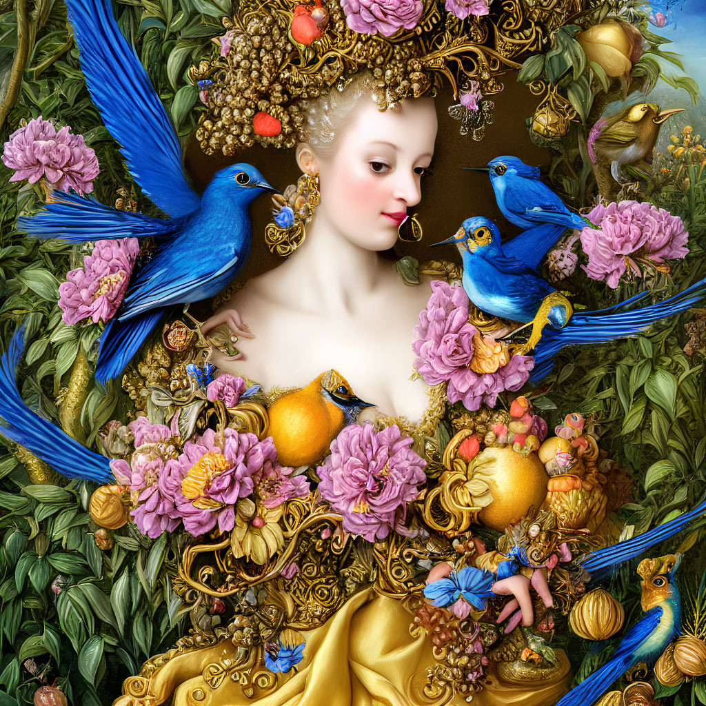 Colorful Baroque Artwork: Woman in Golden Attire with Blue Birds