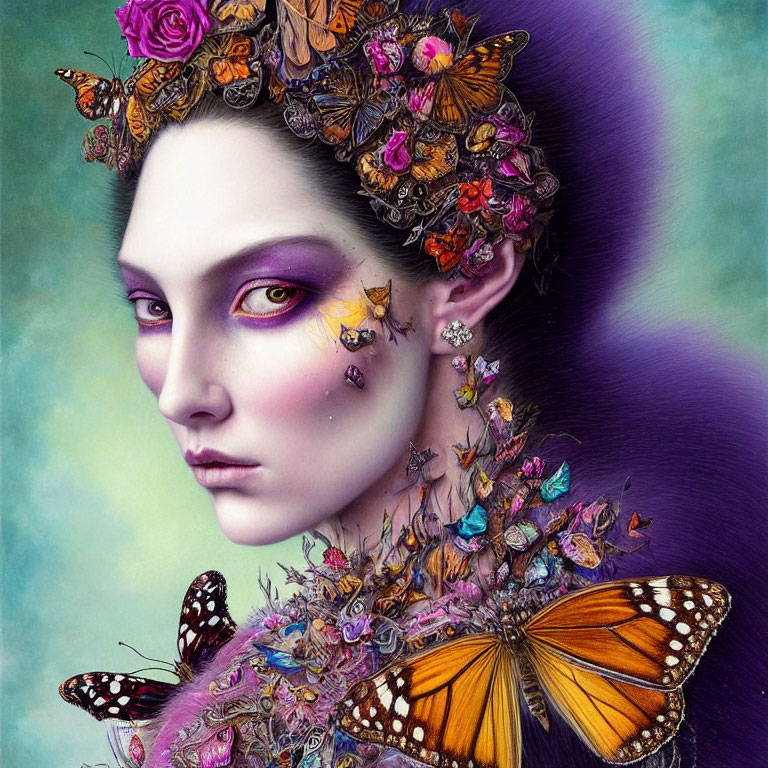 Illustration of woman with purple skin and floral adornments emitting mystical vibe