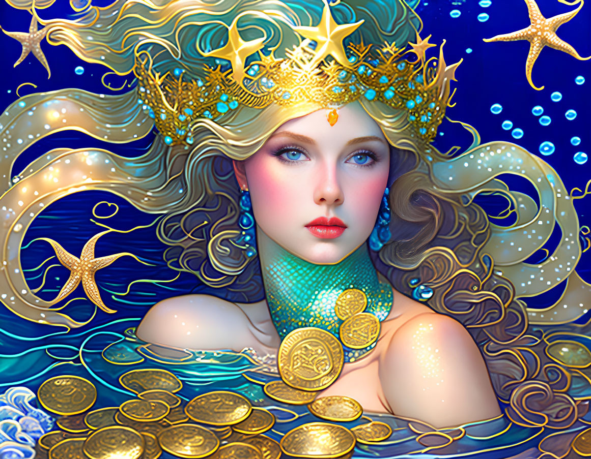 Mermaid Fantasy Illustration with Golden Crown and Jewelry