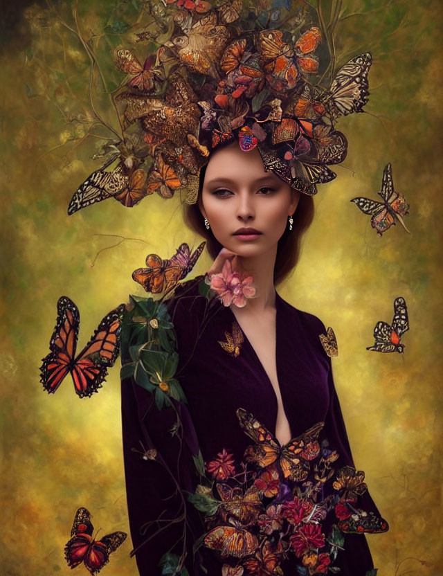 Woman with solemn expression adorned with butterflies on golden background