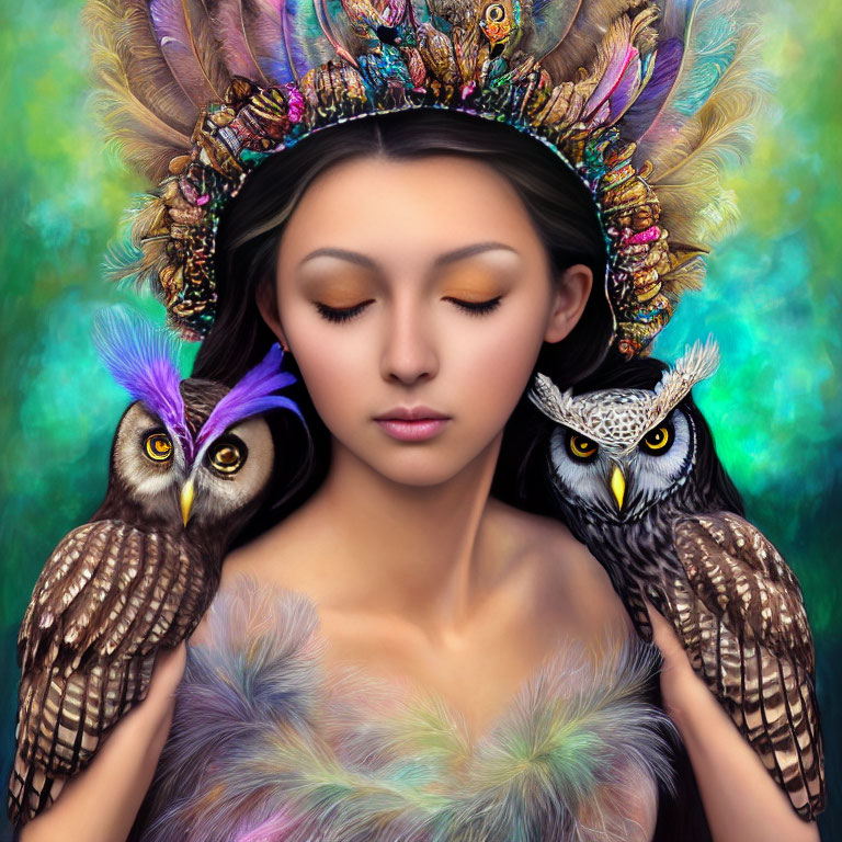 Woman with closed eyes wearing vibrant feathered headdress, flanked by lifelike owls against