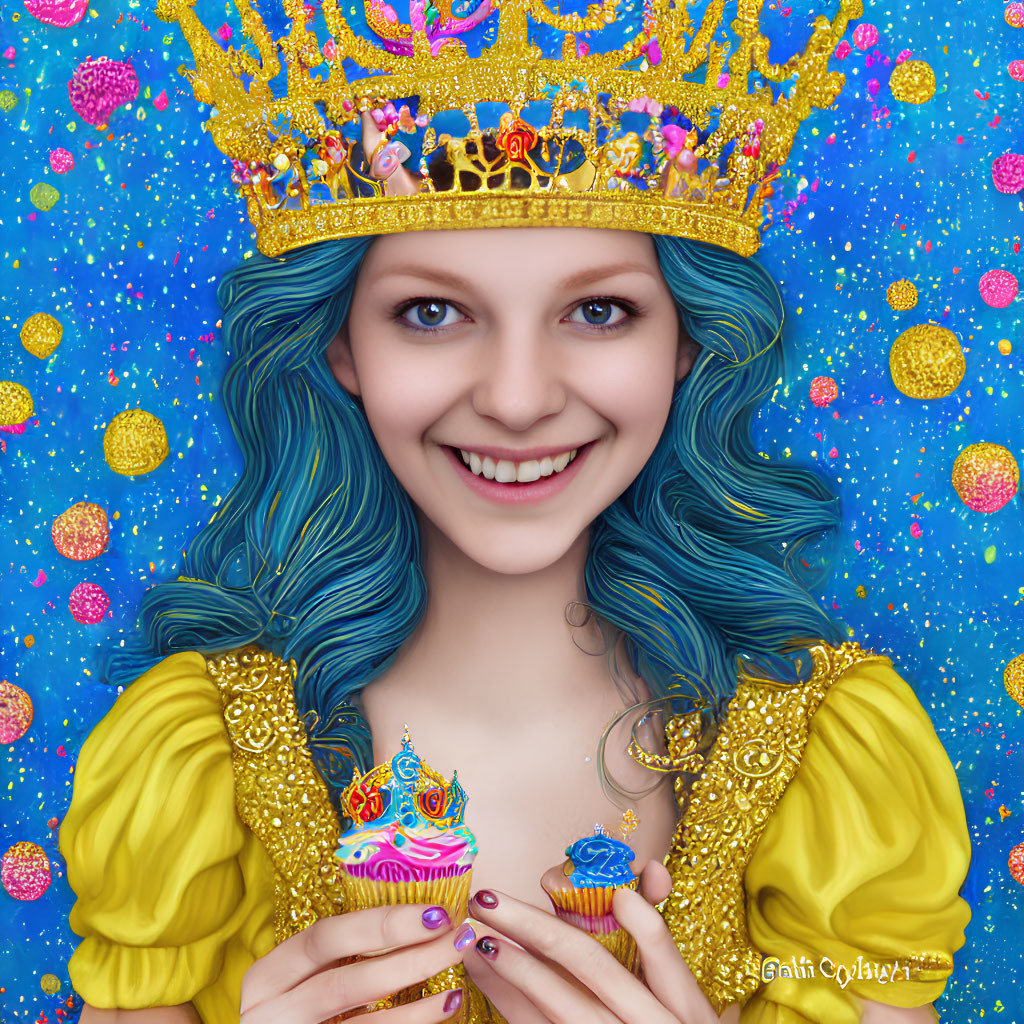 Young woman with blue hair and golden crown holding cupcakes on sparkly blue background