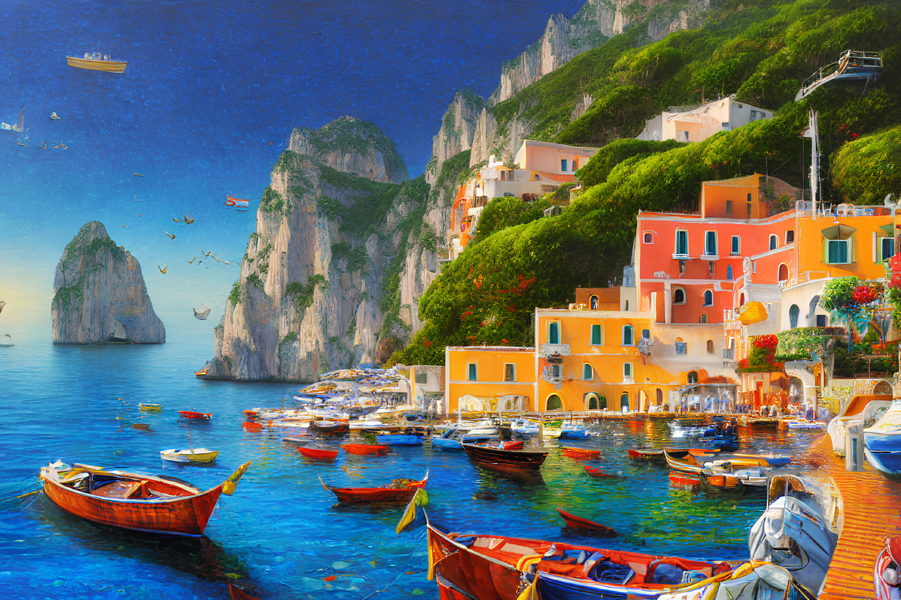 Vibrant seaside village with colorful boats and cliffs