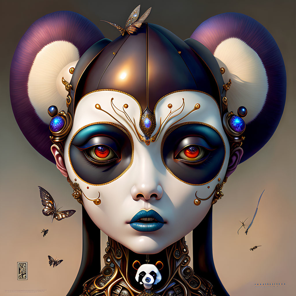 Detailed digital artwork: Stylized female figure with ornate headgear, expressive eyes, jewel accents