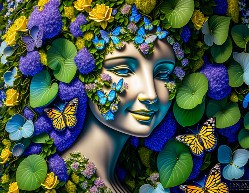 Colorful Woman's Face Artwork with Floral Wreath and Butterflies