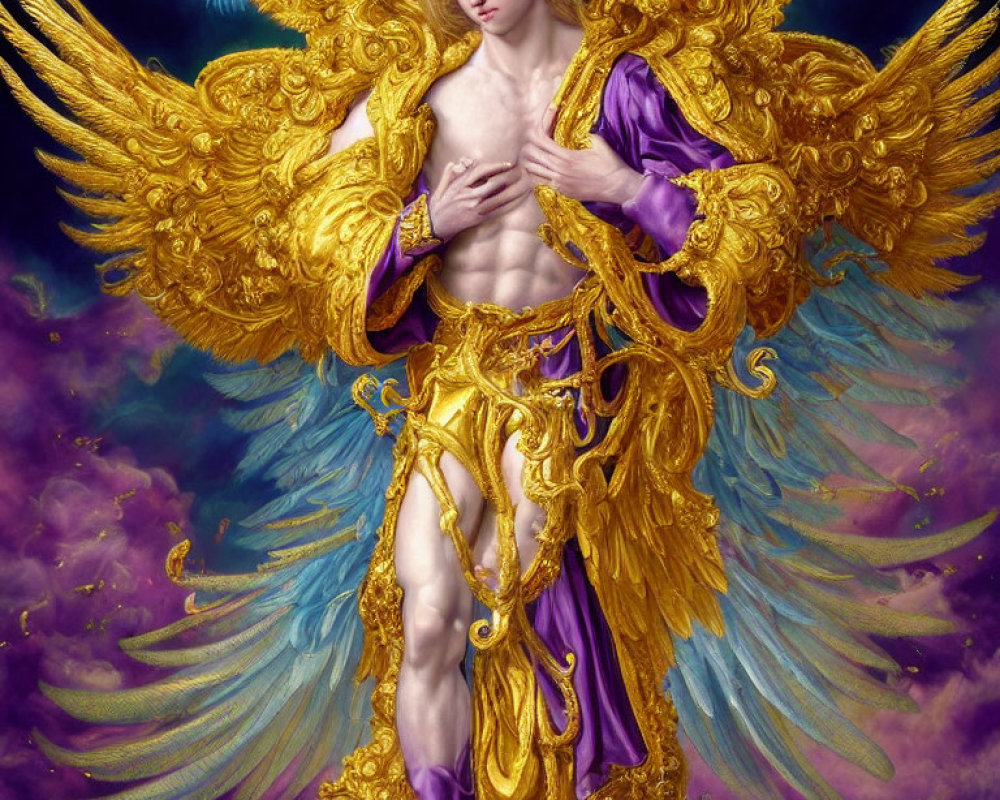 Detailed Angel Illustration with Multiple Golden Wings in Purple and Gold Attire