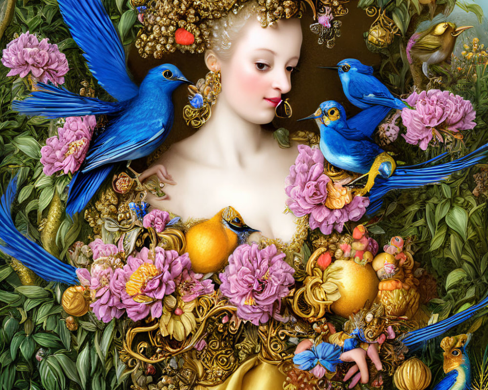 Colorful Baroque Artwork: Woman in Golden Attire with Blue Birds