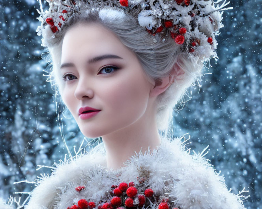 Pale-skinned woman in winter queen theme with branch crown and falling snow