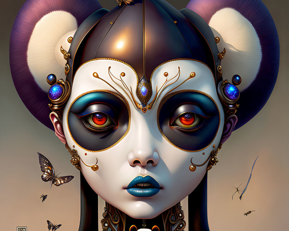 Detailed digital artwork: Stylized female figure with ornate headgear, expressive eyes, jewel accents