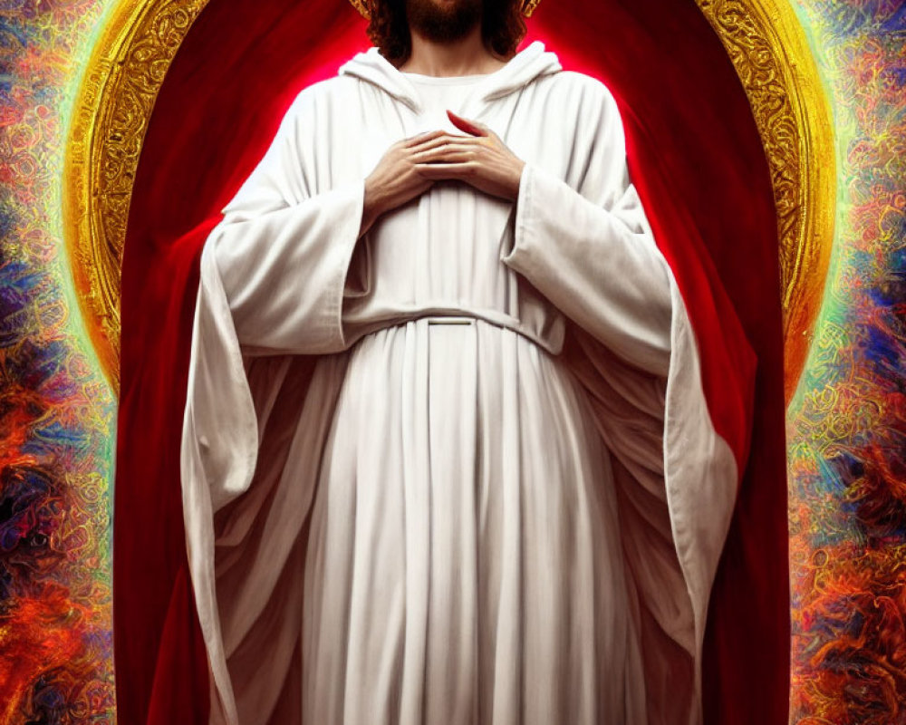 Religious painting of Jesus in white robe with halo, colorful backdrop