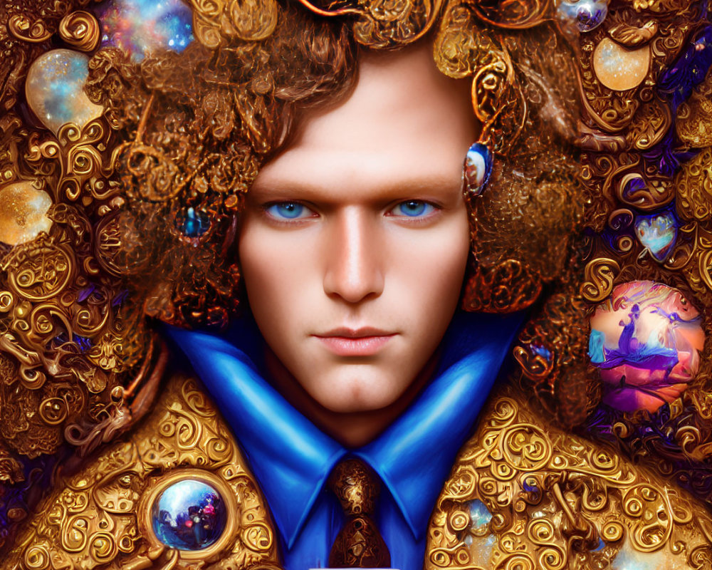 Surreal portrait featuring person with blue eyes and celestial motifs