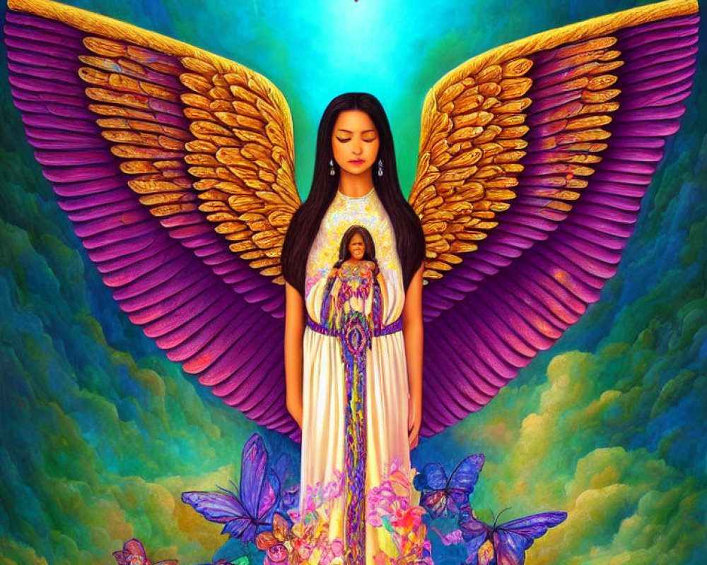 Illustration of serene woman in yellow dress with ornate wings and butterflies in celestial setting.
