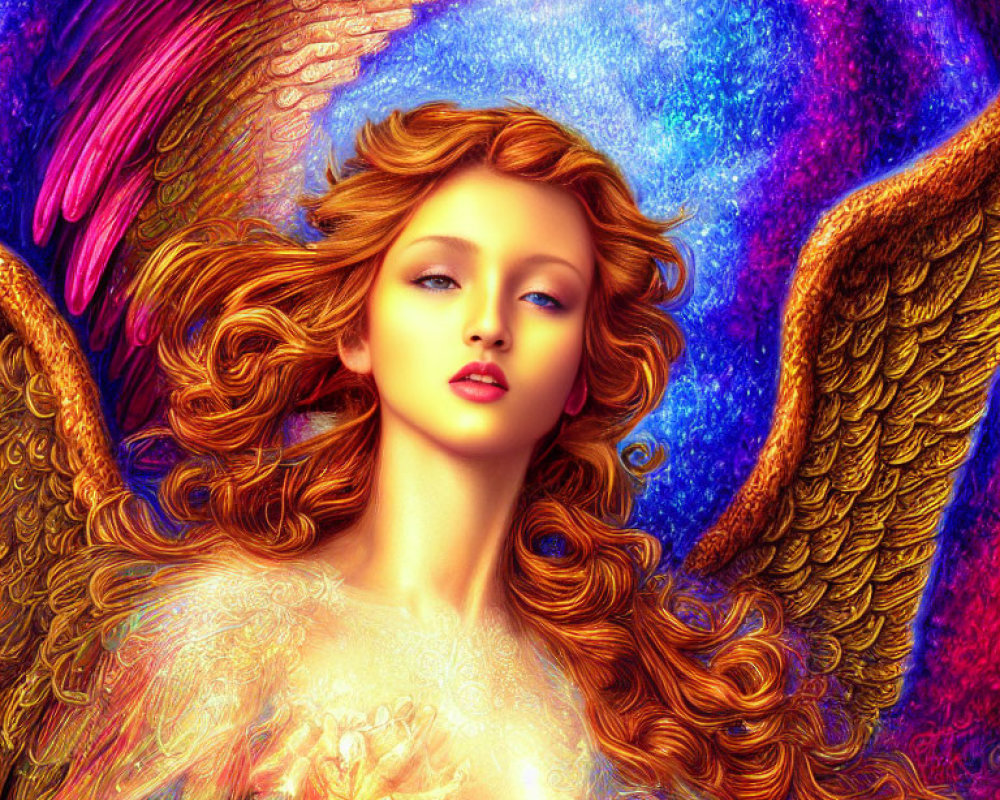 Vibrant digital art: Angelic figure with golden wings in cosmic setting