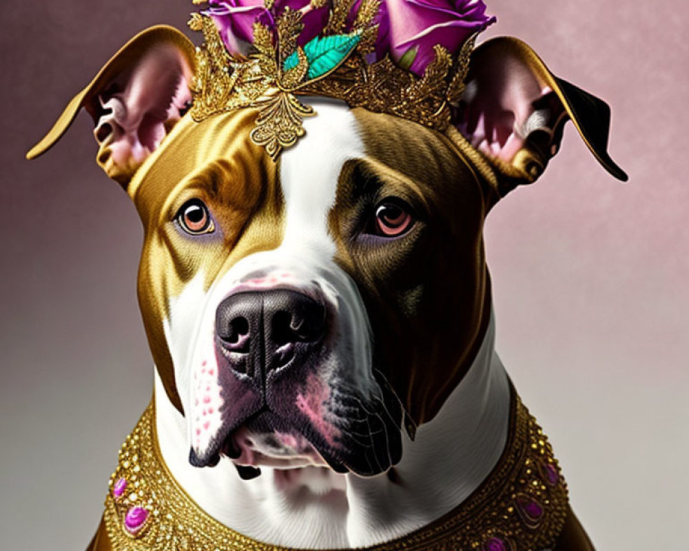 Regal Dog Wearing Golden Crown and Purple Rose Necklace