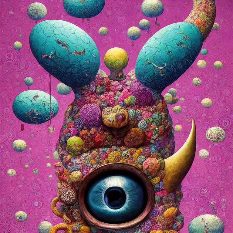 Colorful surreal illustration: Whimsical creature with central eye, tusk, floral body