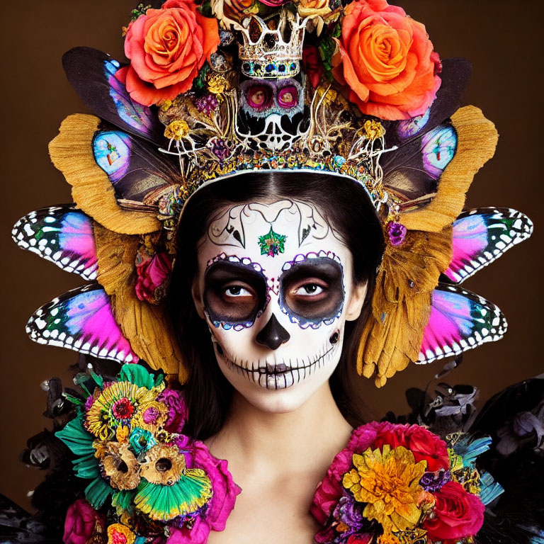 Skull Face Paint with Flower Headdress and Butterfly Wings