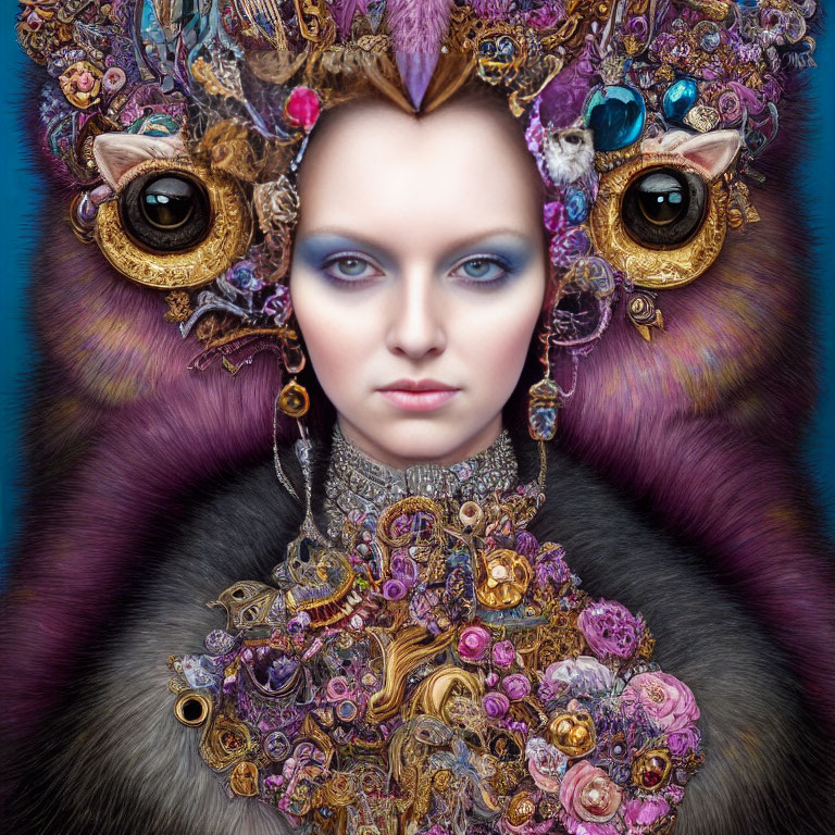 Luxurious surreal portrait of a woman with intricate headdress and vibrant background