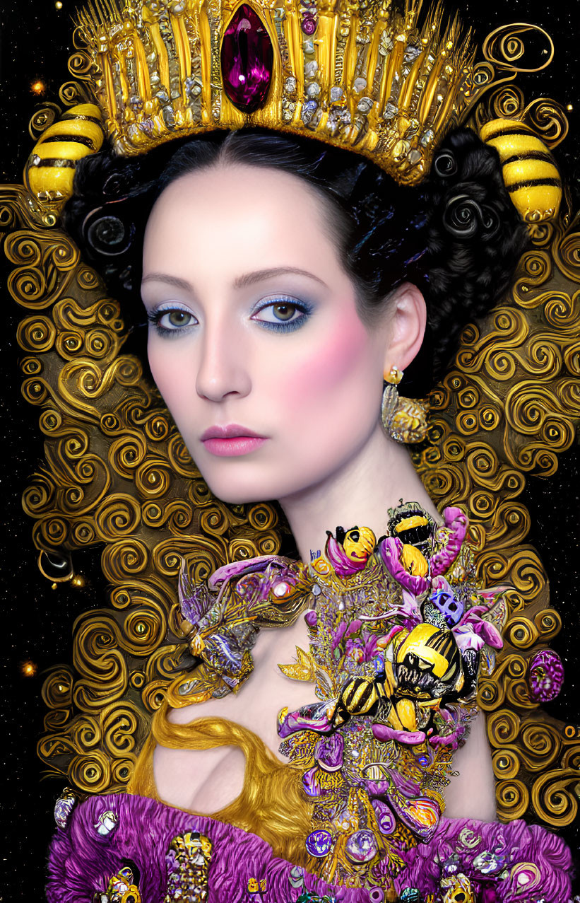 Elaborate golden crown and bee-themed jewelry on woman with celestial backdrop