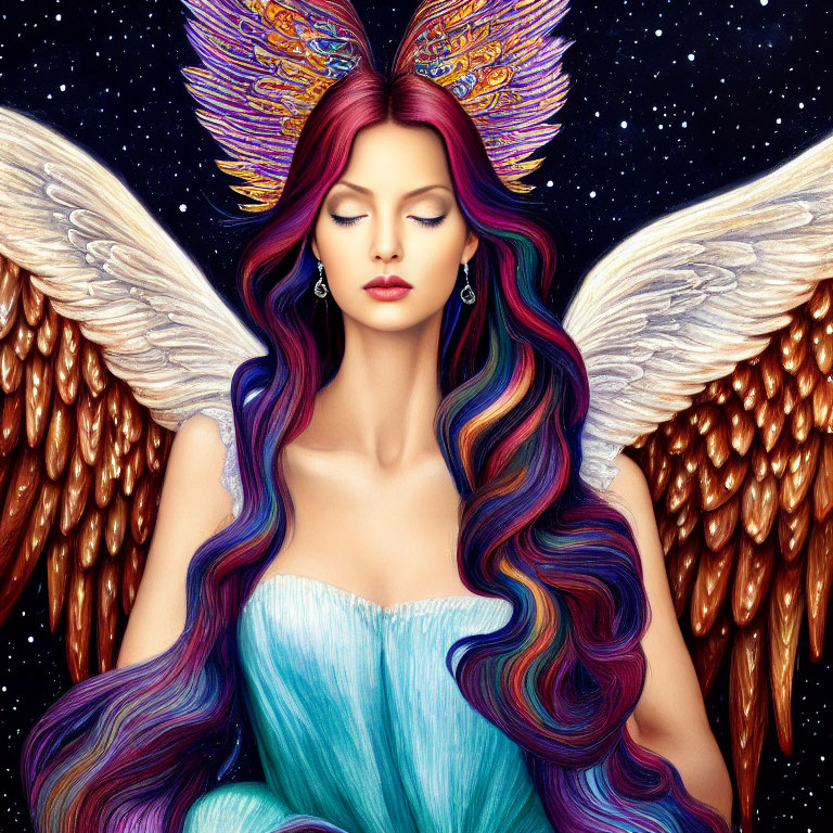 Multicolored Hair Female Figure with Butterfly and Angel Wings on Starry Night Background