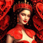 Digital Art: Woman in Red Headdress with Heart Motifs