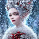 Pale-skinned woman in winter queen theme with branch crown and falling snow