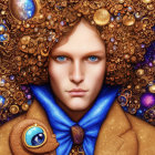 Surreal portrait featuring person with blue eyes and celestial motifs