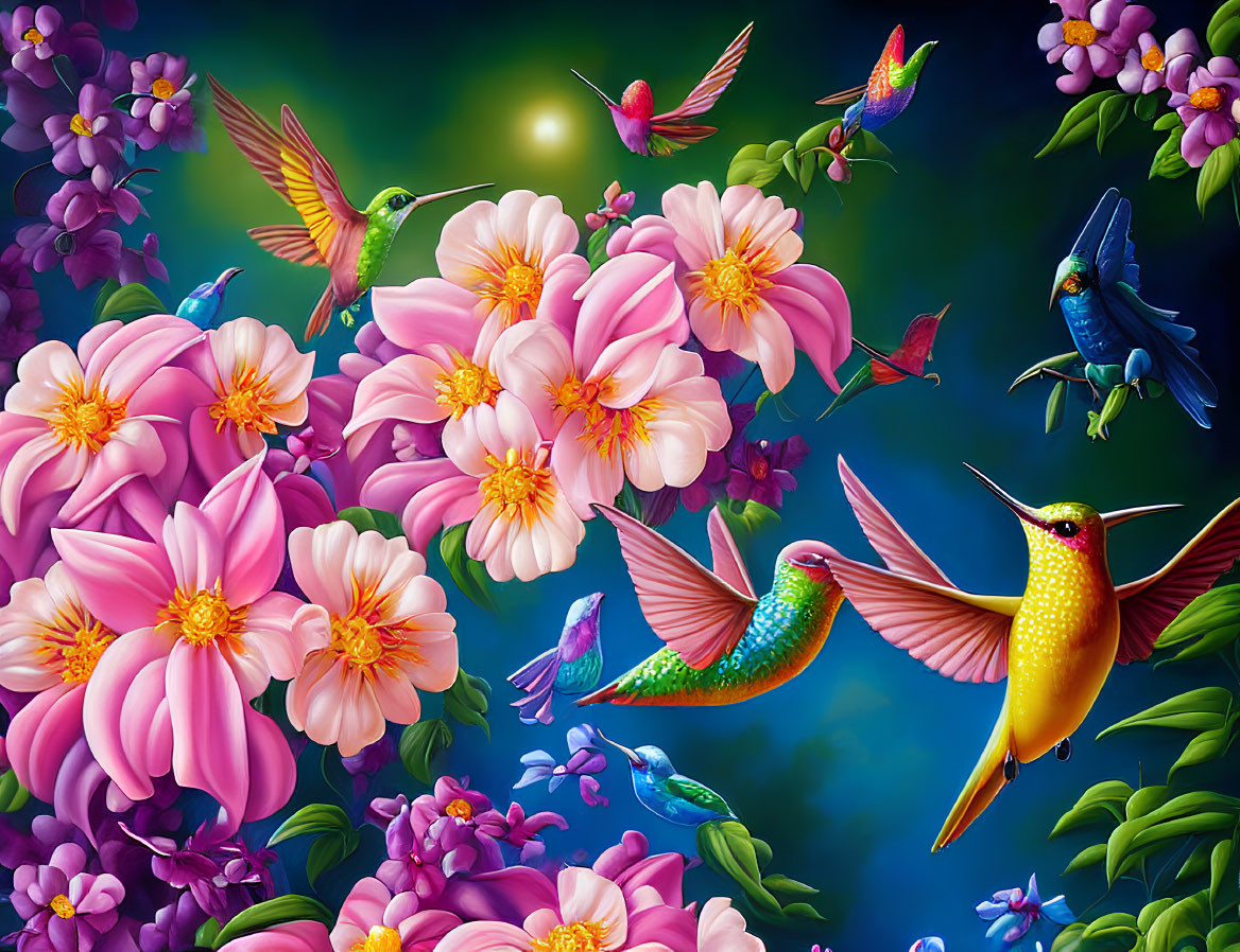Colorful hummingbirds amidst pink and purple flowers under soft glowing light