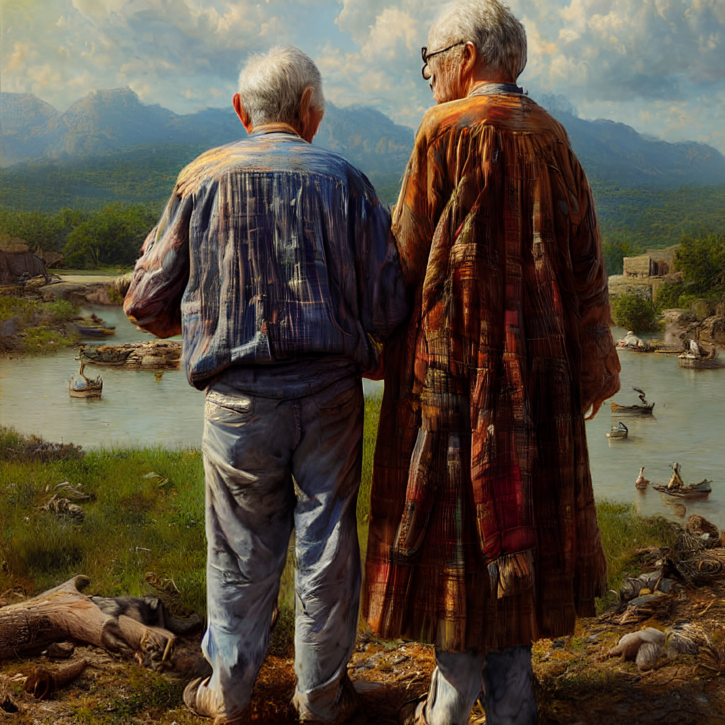 Elderly couple admiring river landscape with boats and mountains
