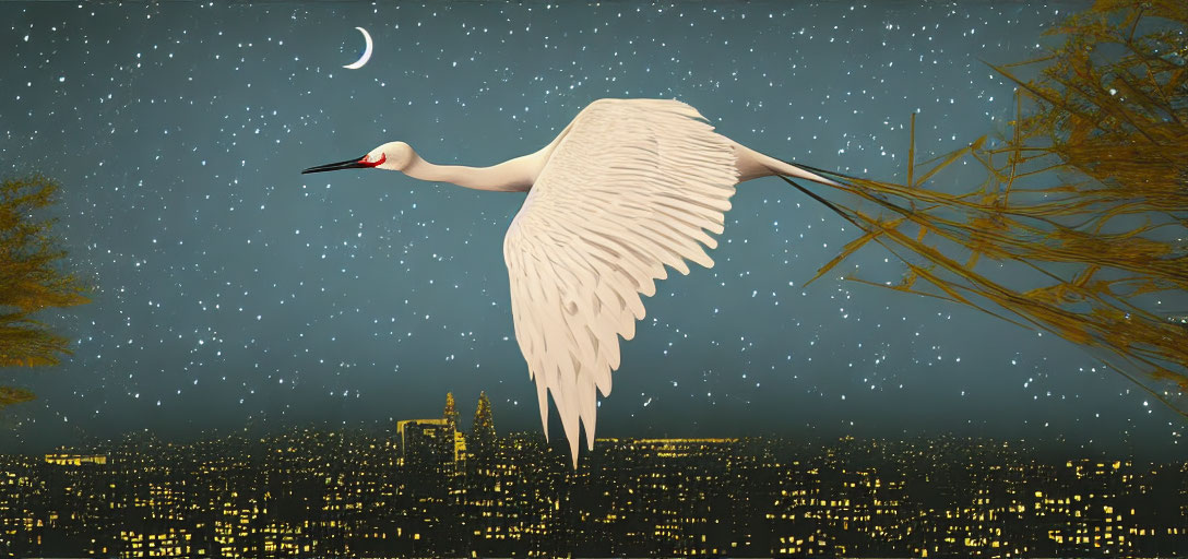 Graceful crane flying over starry night sky with crescent moon and glowing city skyline