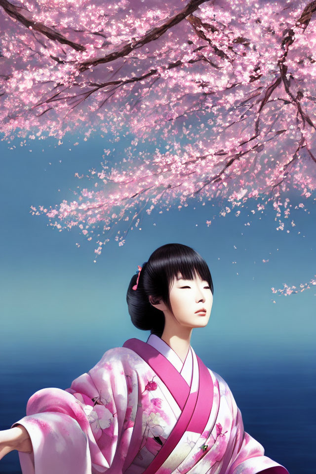 Person in pink kimono under cherry blossom tree by tranquil sea