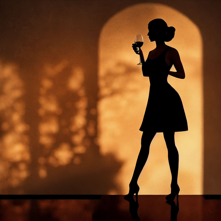 Woman's silhouette holding glass near arched window with tree shadows on amber-lit wall