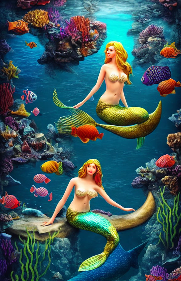 Golden-haired mermaids with green tails, fish, and coral reefs in underwater scene