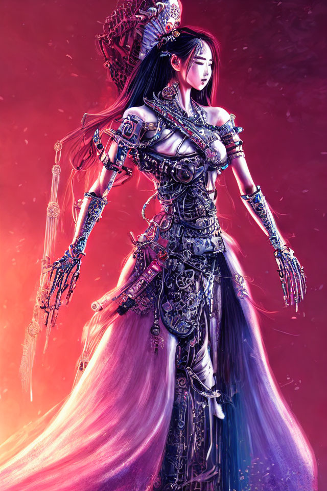 Illustrated female character in ornate fantasy armor on pink and purple background