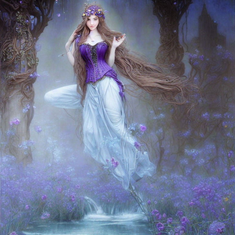 Fantasy woman in purple corset and white skirt in mystical setting