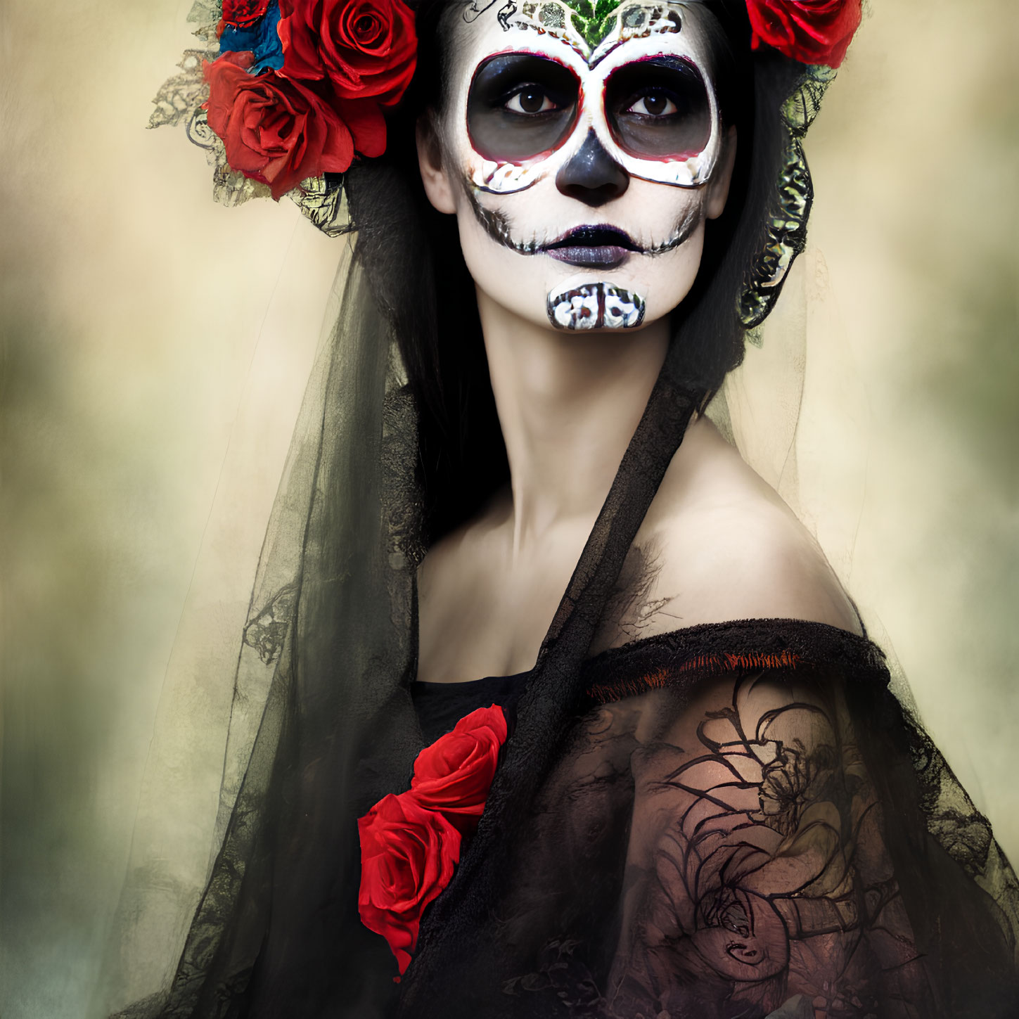 Person with Dia de los Muertos makeup in floral headpiece and black outfit.
