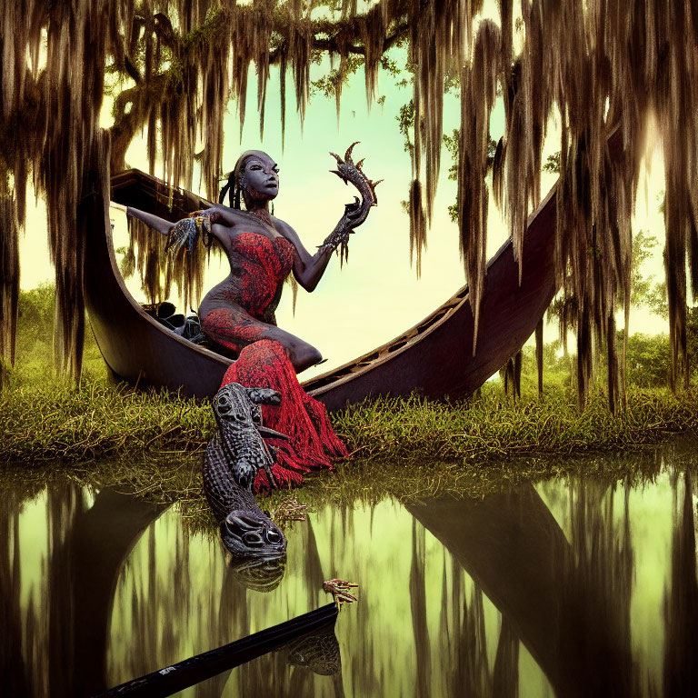 Person in body paint in canoe under moss-covered trees with crocodile in serene water