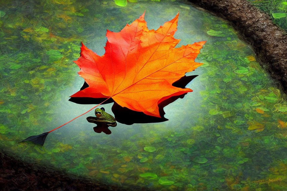 Red maple leaf and green frog with reflections in pond foliage.