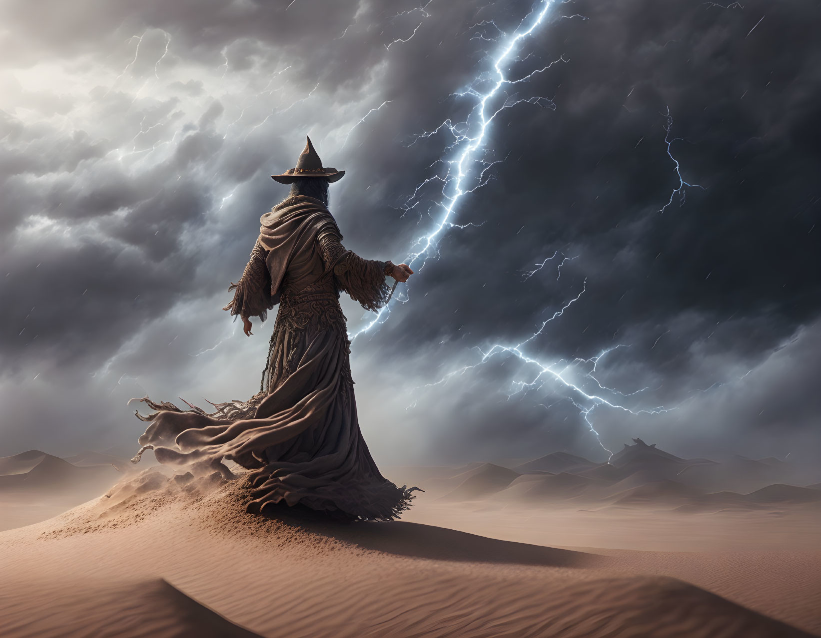 Wizard in robe with staff on desert dune under stormy sky