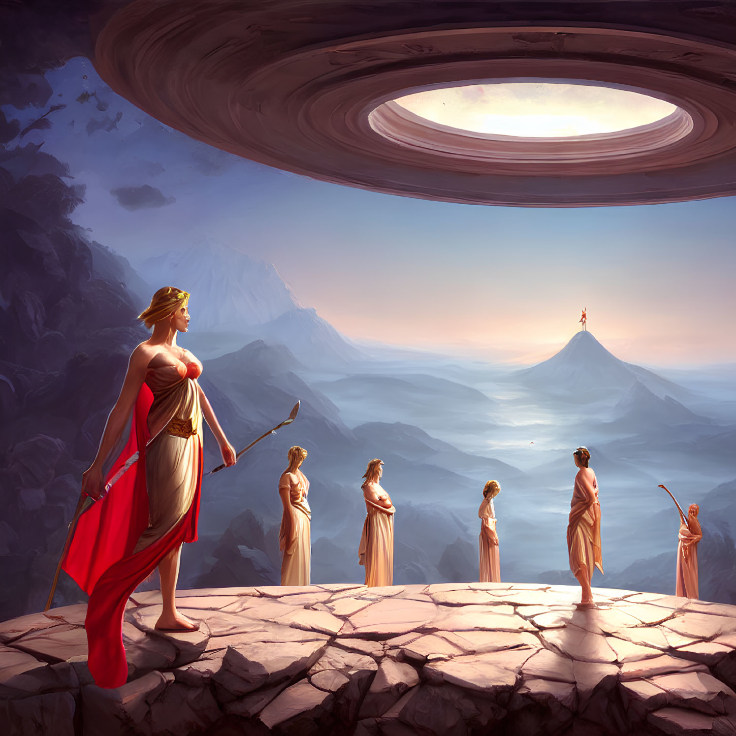 Robed figures on mountain gazing at ringed planet, one holding spear.