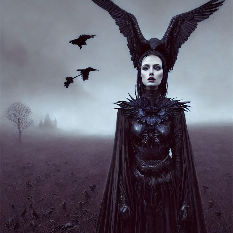 Gothic woman with wings in foggy landscape with crows