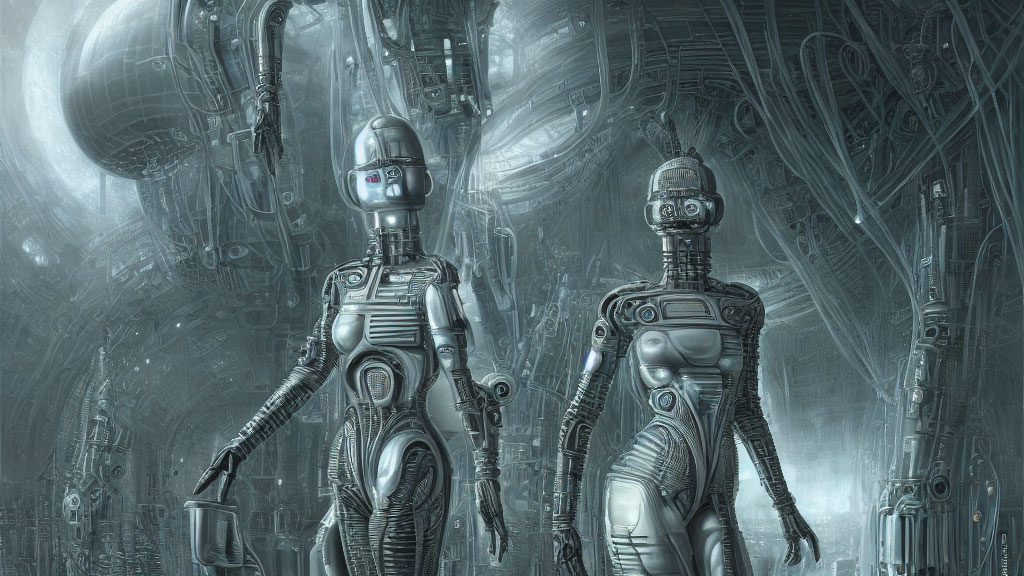 Futuristic humanoid robots in metallic corridor with machinery